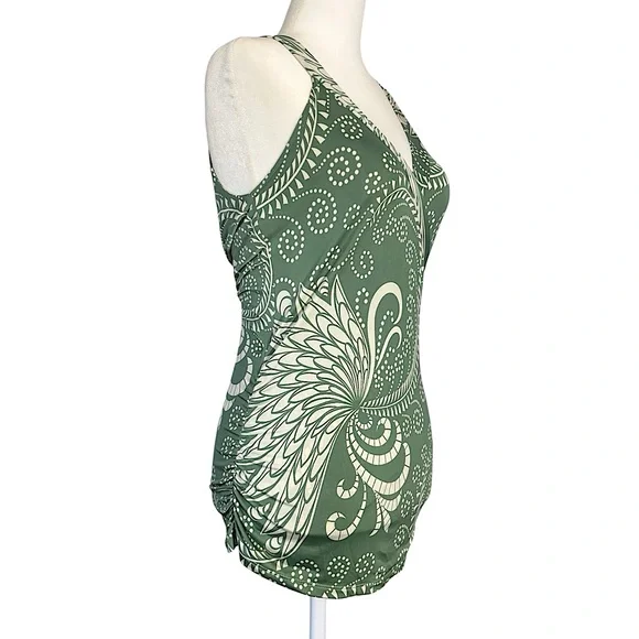 Y2K Vintage Paisley Swirl Draped Cowl Ruched Sage Green Wrap Tank Top Medium - Picture 8 of 10